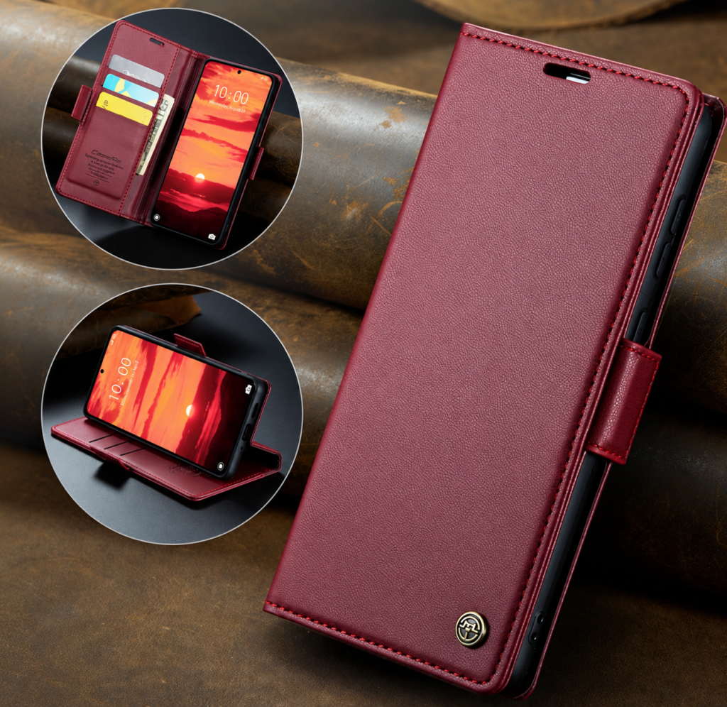 CaseMe 023 Wallet-Hülle in Bordeauxrot – Vorderansicht, Kartenfächer und Standfunktion