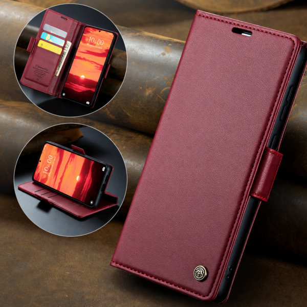 CaseMe 023 Wallet-Hülle in Bordeauxrot – Vorderansicht, Kartenfächer und Standfunktion