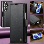 CaseMe 023 Wallet-Hülle in Schwarz – Vorder- und Rückansicht, Kartenfächer, Ladeanschluss und Standfunktion