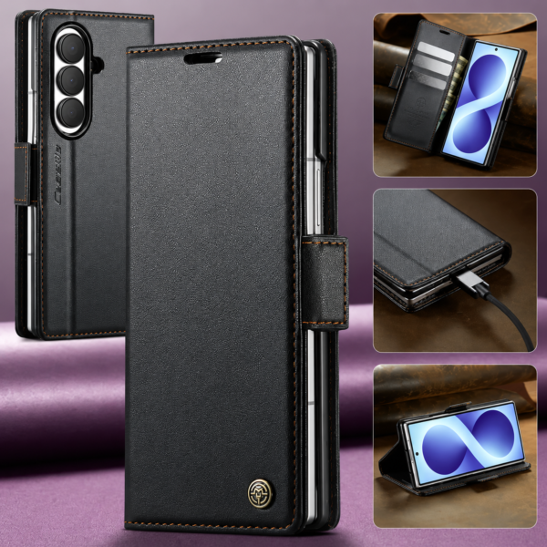 CaseMe 023 Wallet-Hülle in Schwarz – Vorder- und Rückansicht, Kartenfächer, Ladeanschluss und Standfunktion