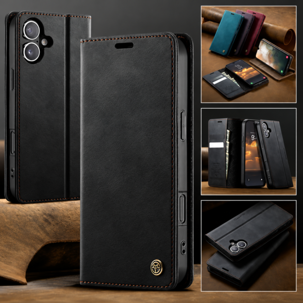 CaseMe 033 Wallet-Hülle in Schwarz – Vorderansicht, Rückseite und Kartenfächer