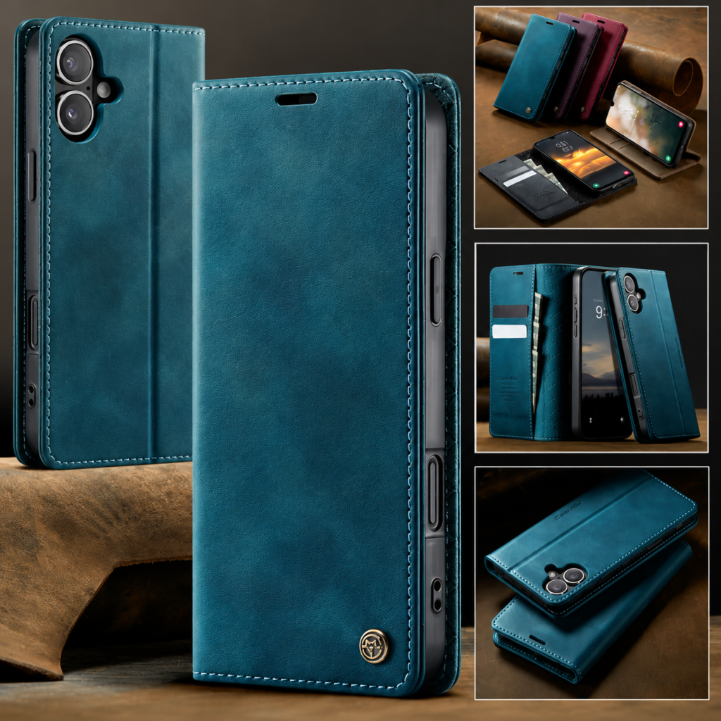 CaseMe 033 Wallet-Hülle in Blaugrün – Vorderansicht, Rückseite und Kartenfächer