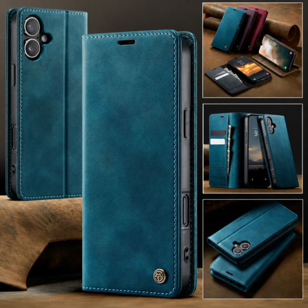 CaseMe 033 Wallet-Hülle in Blaugrün – Vorderansicht, Rückseite und Kartenfächer