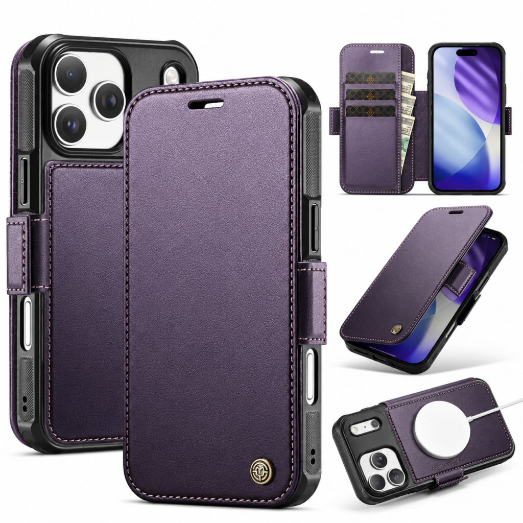 CaseMe 053 Wallet-Hülle in Lila – Vorderansicht, Rückseite und Kartenfächer