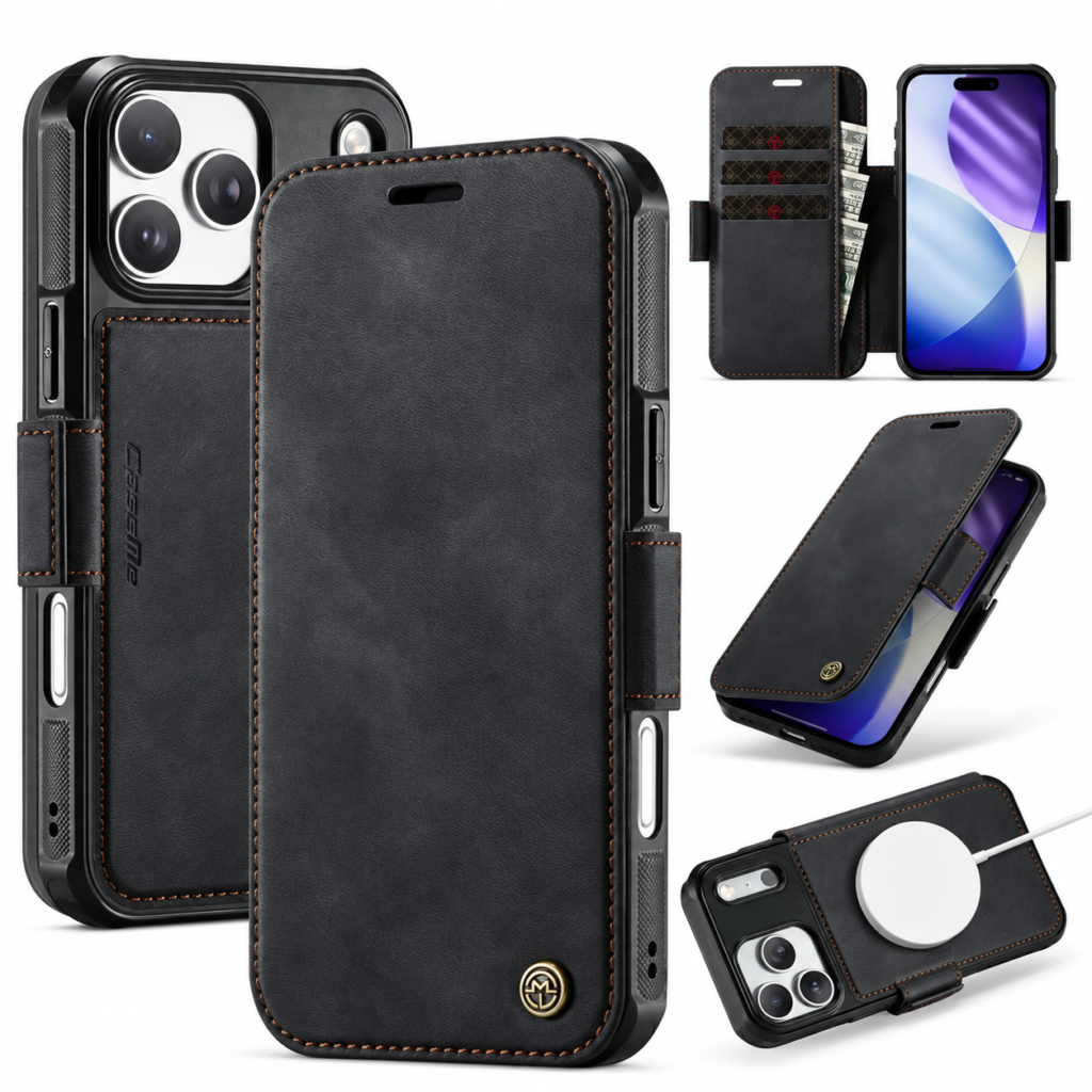 CaseMe 053 Wallet-Hülle in Schwarz – Vorderansicht, Rückseite und Kartenfächer
