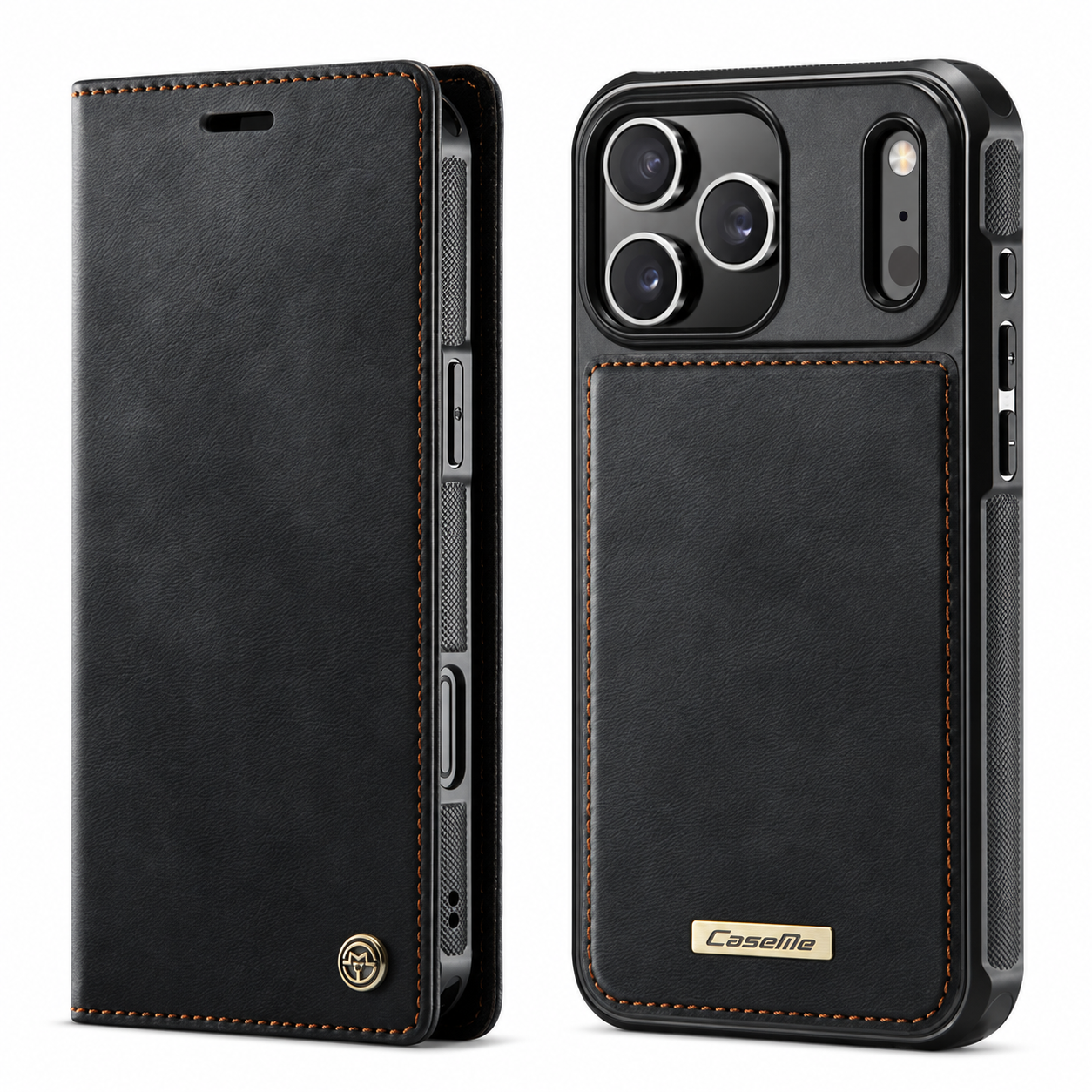 CaseMe C49 Schwarz bereinigt CaseMe C49 Wallet-Hülle in Schwarz – Vorder- und Rückansicht